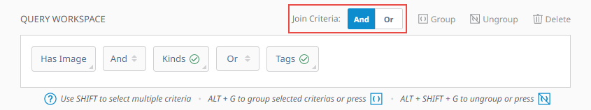 Query workspace pane highlighting the join criteria options.